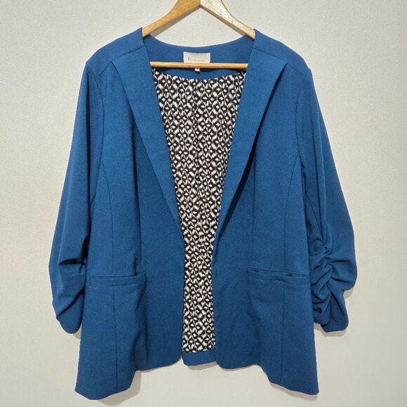 Skies Are Blue Jackets & Blazers - Skies Are Blue Raja Collarless Blazer Sz 2X Teal Open Career 3/4 Ruched Sleeves